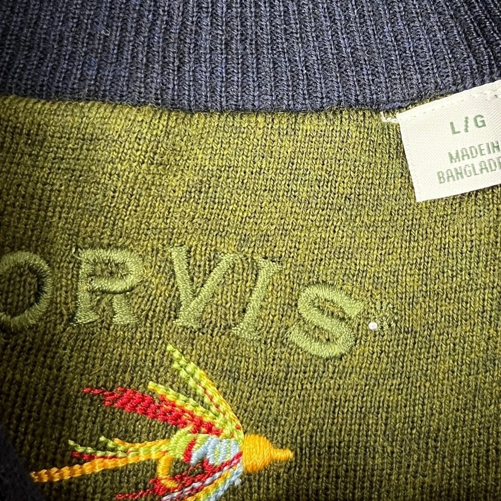 Orvis Quarter Zip Sweater Merino Wool Pullover Navy Ribbed Trim Mock Neck L Mens